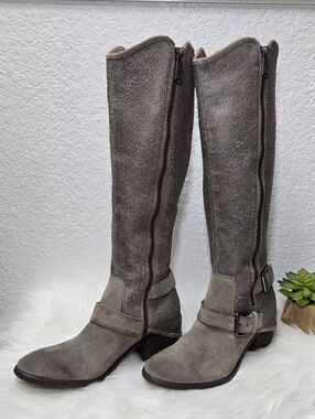 Donald J. Pliner Dela Taupe Suede Western Tall Buckle Boots, Size 7.5